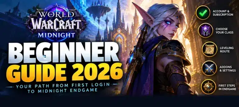 WoW Beginner Guide 2026 preview featuring a night elf adventurer, Midnight fantasy scenery, and key steps for new players, including class selection, leveling, and endgame.