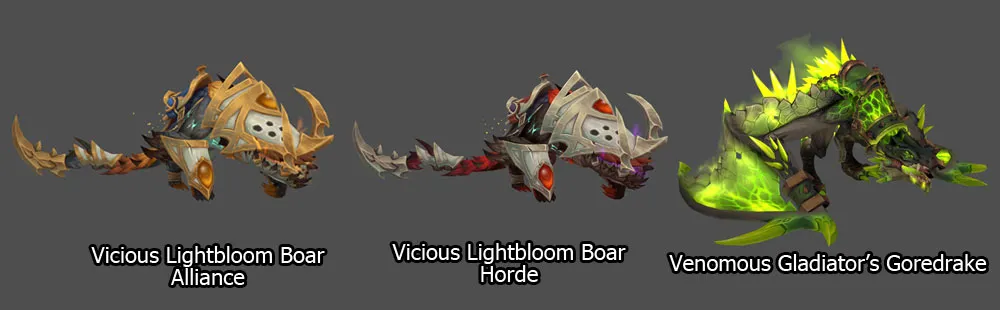 Alliance and Horde Vicious Lightbloom Boar mounts with the Venomous Gladiator's Goredrake