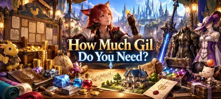 How Much Gil Do You Need in FFXIV guide preview with gil coins, housing, raid gear, crafting materials, and Market Board items.