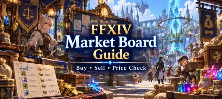FFXIV Market Board Guide preview showing buying, selling, price checks, gil, items, and a fantasy market board.
