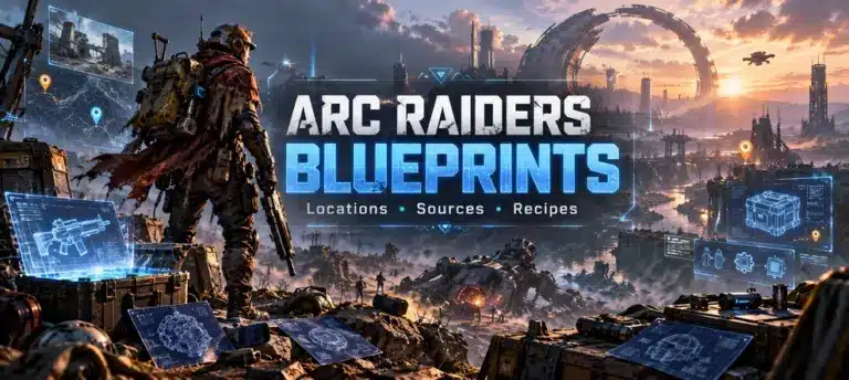ARC Raiders Blueprints guide with blueprint locations, sources, crafting recipes, Raider character, loot crates, and futuristic ARC ruins