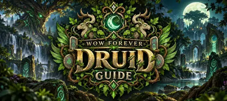 WoW Forever Druid guide with a leafy antlered crest, glowing crescent moon, and central title against a moonlit forest backdrop.