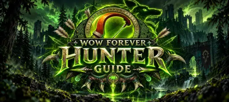 WoW Forever Hunter guide with a glowing green hunter crest, arrows, a bow emblem, and a central title over a dark forest fantasy backdrop.