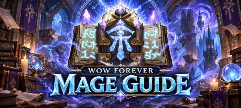 WoW Forever Mage guide with a glowing runic spellbook, floating purple crystals, and a central title surrounded by arcane magic in a library.