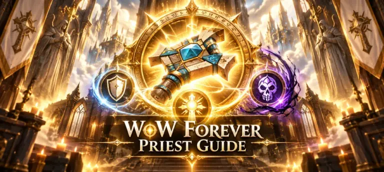 WoW Forever Priest guide with a radiant golden priest crest, glowing sacred mace, holy and shadow emblems, and a central title inside a luminous cathedral scene.