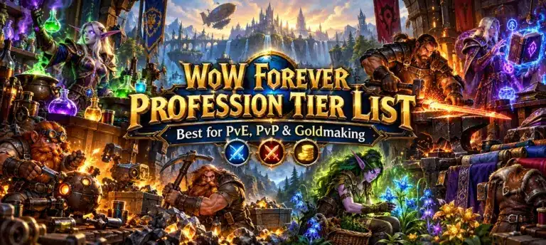 WoW Forever profession tier list for PvE, PvP and goldmaking showing Alchemy, Engineering, Mining, Herbalism and other professions