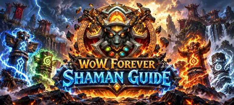 WoW Forever Shaman guide with a fiery shaman crest, glowing elemental totems, storm-lit mountains, and a central title surrounded by elemental magic.