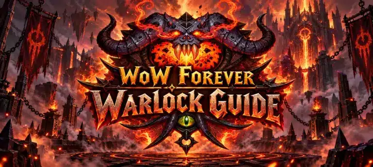 WoW Forever Warlock guide with a blazing demonic crest, molten orange core, horned skull motif, and a central title over a fiery infernal fortress backdrop.