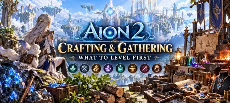 AION 2 Crafting and Gathering Guide preview with professions, Essence Extraction, mining, herbs, alchemy, forging, and jewelry crafting
