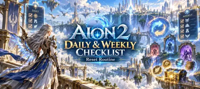 AION 2 Daily and Weekly Checklist preview with reset routine, daily tasks, weekly tasks, AP rewards, and dungeon progression