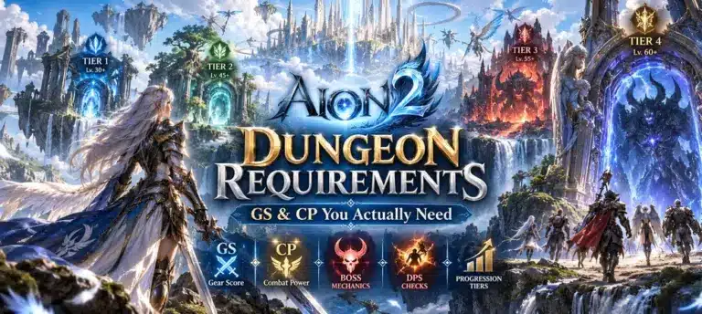 AION 2 Dungeon Requirements preview showing Gear Score, Combat Power, boss mechanics, DPS checks, and progression tiers
