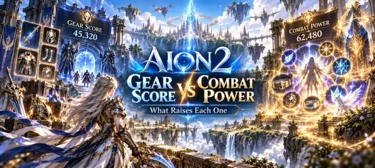 AION 2 Gear Score vs Combat Power preview showing what raises each one through gear, permanent upgrades, and combat systems