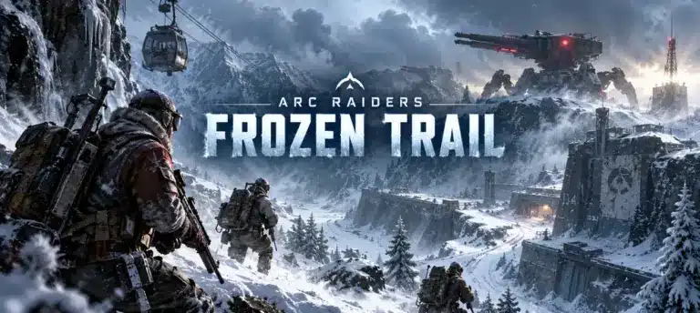 ARC Raiders Frozen Trail Update 2.0 preview featuring Raiders exploring snowy Pendola Pass with a massive ARC machine in the distance.