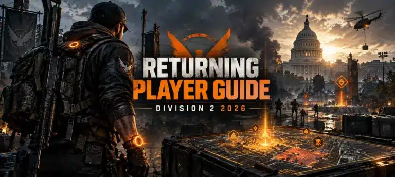 The Division 2 Returning Player Guide 2026 with a returning agent, SHD map, and Washington D.C. endgame activities
