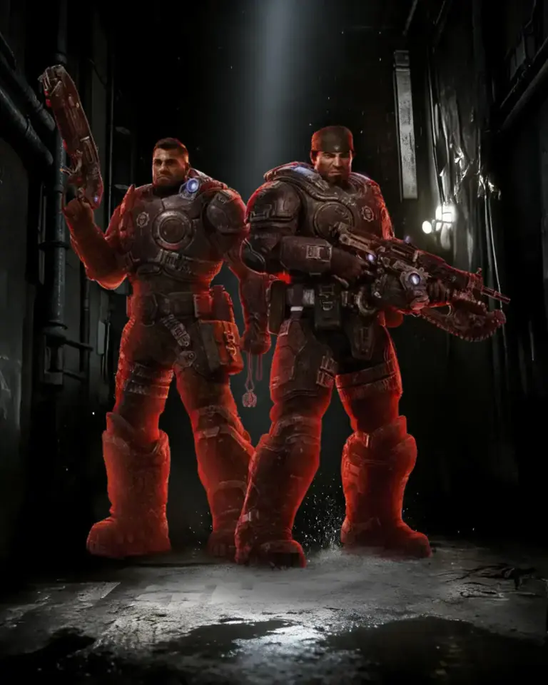 Marcus Fenix and Dominic Santiago in COG armor with weapons for Gears of War: E-Day Campaign Boost.