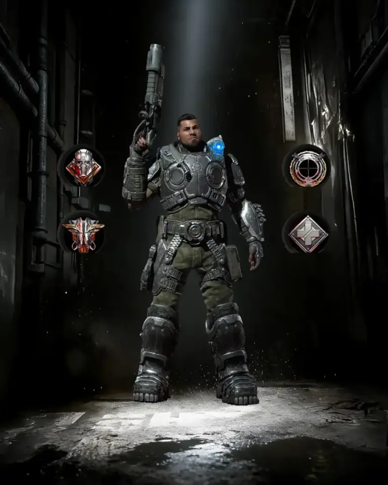 Gears of War: E-Day class leveling for Assault, Breacher, Marksman and Medic, illustrated by Dominic Santiago and the four Horde Siege class emblems.