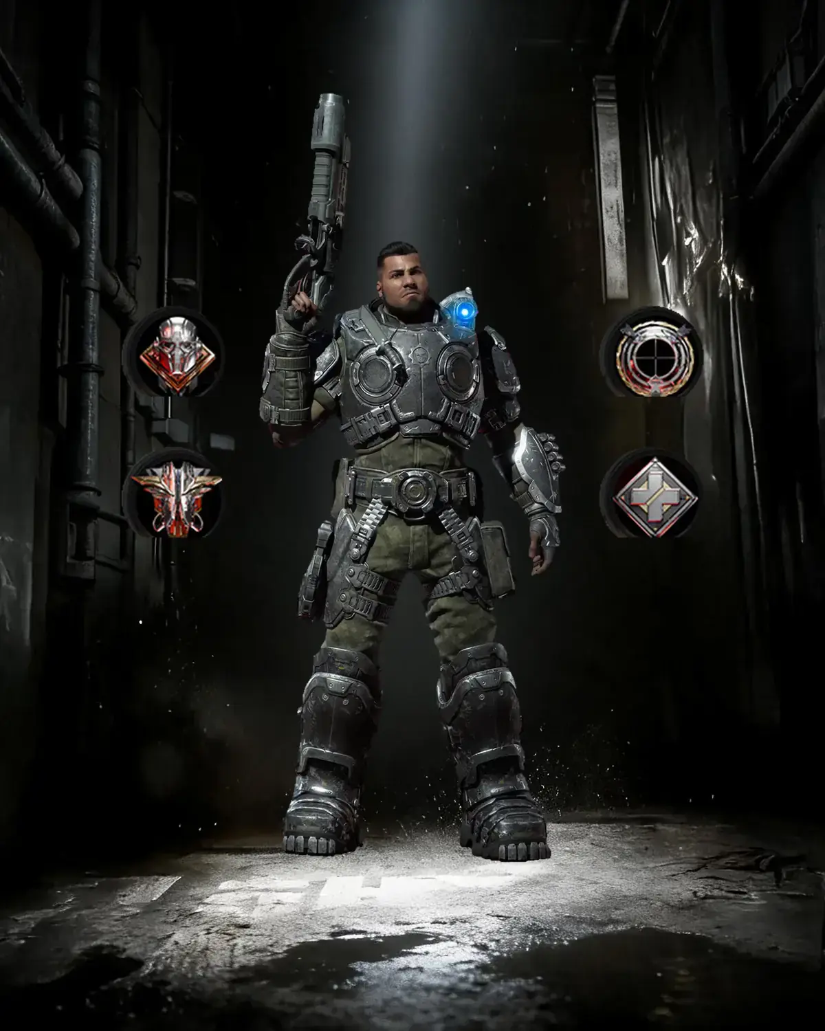 Gears of War: E-Day class leveling for Assault, Breacher, Marksman and Medic, illustrated by Dominic Santiago and the four Horde Siege class emblems.