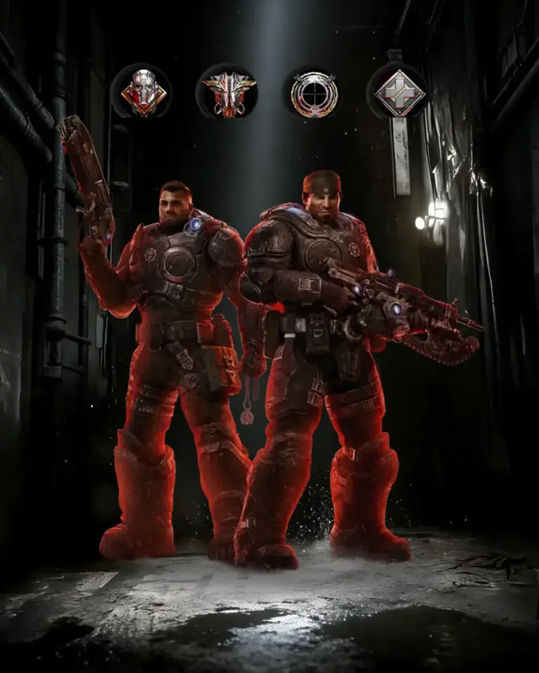 Gears of War: E-Day Grub Killer Bundle for all four Horde classes, Player Level progression and weapon modding, shown with Marcus, Dom and class emblems.