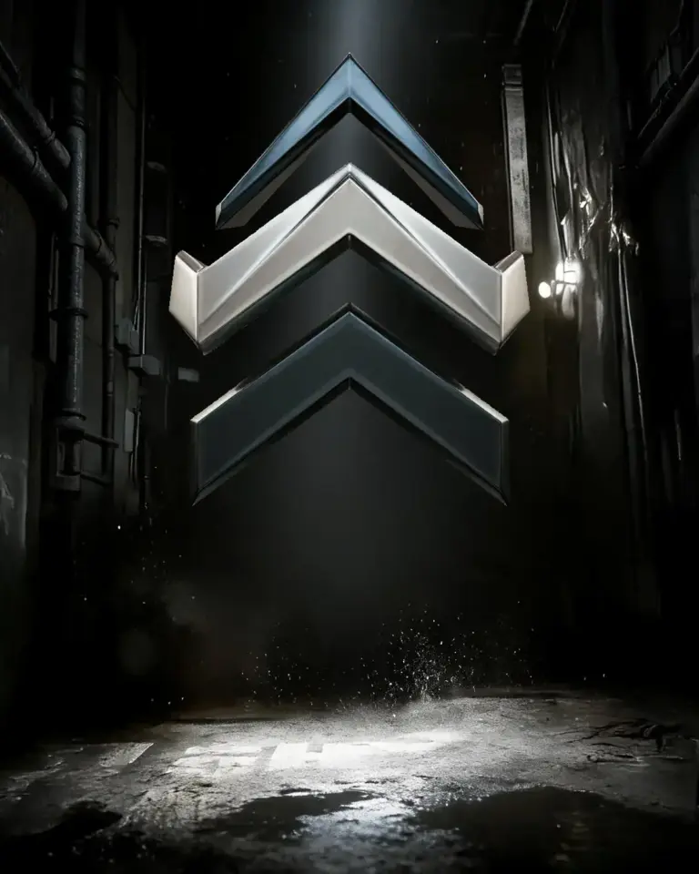 Three metallic upward chevrons representing rank progression in Gears of War: E-Day Ranked Mode Boost.