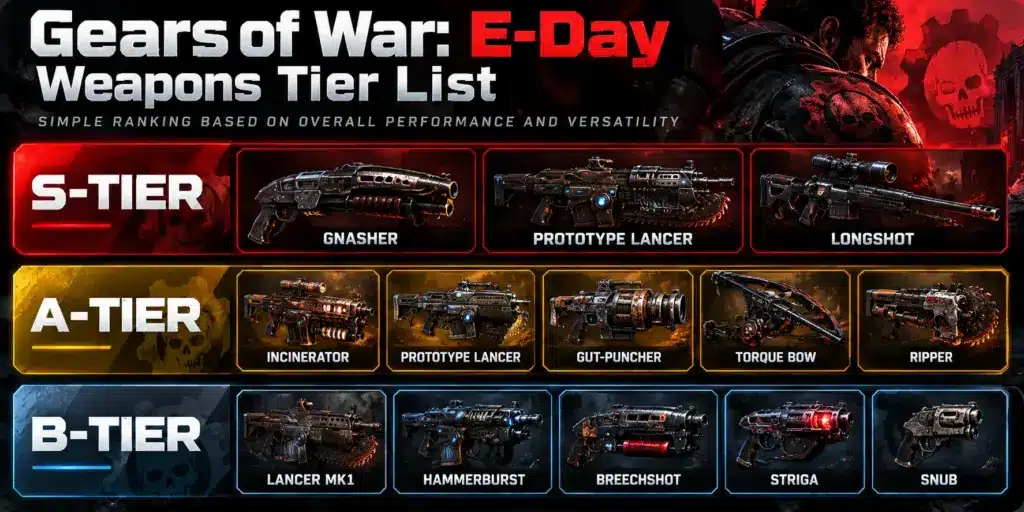 Gears of War E-Day weapons tier list with Gnasher, Prototype Lancer, Longshot, Incinerator, Hammerburst and other weapons ranked from S to B tier