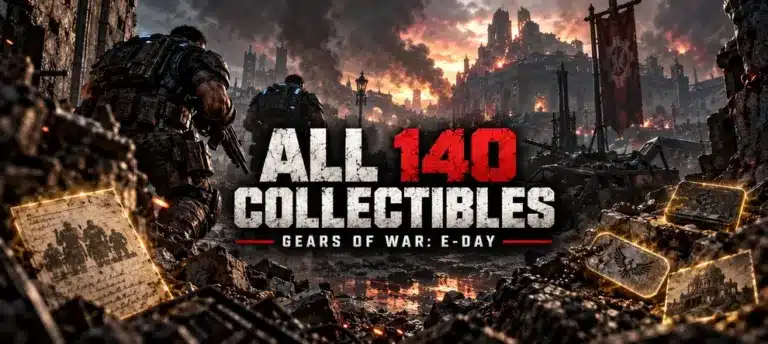 Gears of War: E-Day All 140 Collectibles Locations Guide featuring COG Tags, hidden documents, and a ruined battlefield.