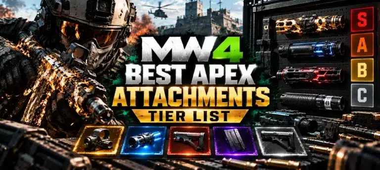 MW4 Best Apex Attachments Tier List artwork featuring a tactical soldier, weapon modifications, S–C rankings and a centered Apex Attachments title.