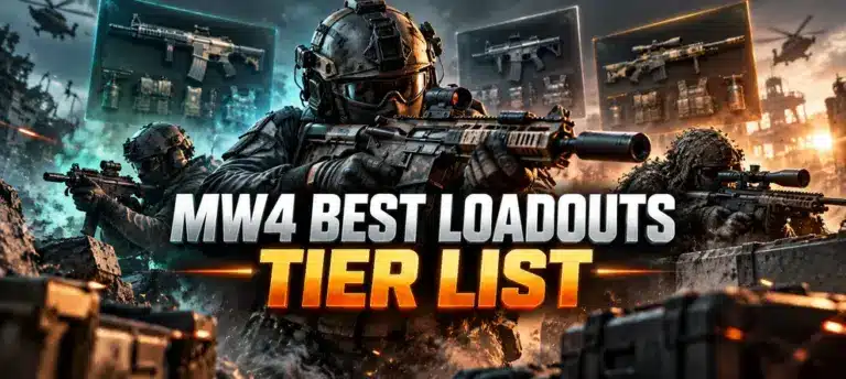 MW4 Best Loadouts Tier List artwork featuring three tactical soldiers with assault rifles and sniper weapons, multiplayer class setups, and a centered tier list title.