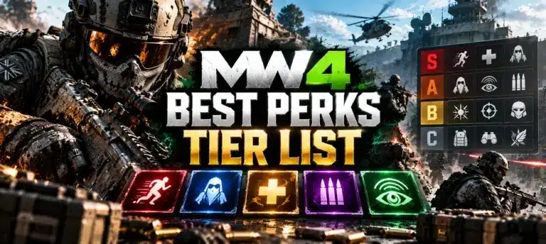 MW4 Best Perks Tier List artwork featuring tactical soldiers, colorful perk icons, S–C rankings and a centered Best Perks Tier List title.