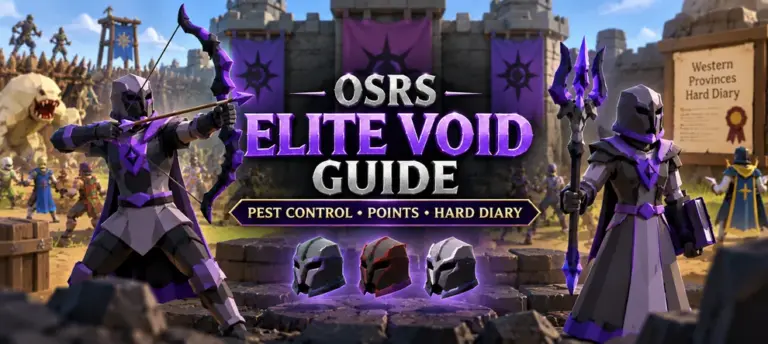 OSRS Elite Void Guide artwork featuring Void Knight armor, three combat helmets, Pest Control battleground, and Western Provinces Hard Diary.