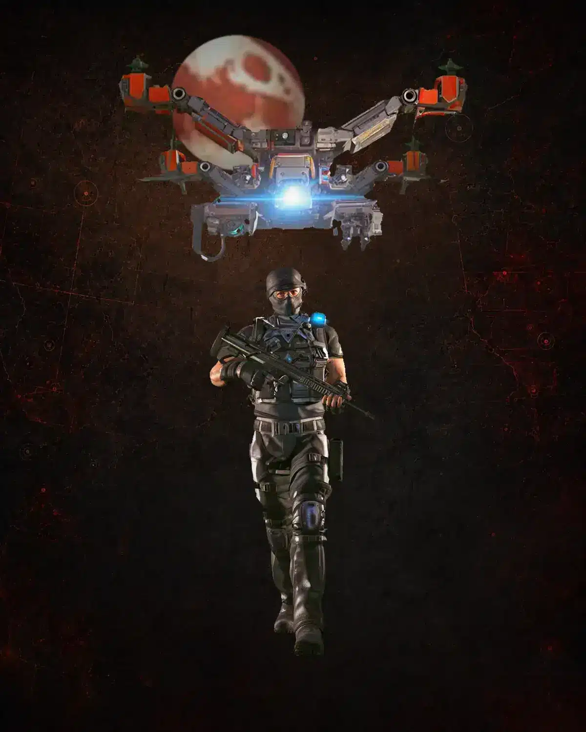 The Division 2 Red Moon Rising boost for PvE Dark Zone farming, featuring a Black Tusk soldier and Marauder drone under a red moon.