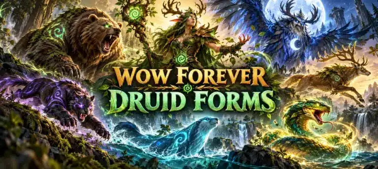 WoW Forever Druid Forms preview art featuring a druid, bear, cat, moonkin, stag, aquatic form, and serpent form