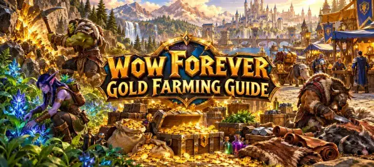 WoW Forever Gold Farming Guide preview art featuring mining, herbalism, skinning, and piles of gold in a fantasy marketplace