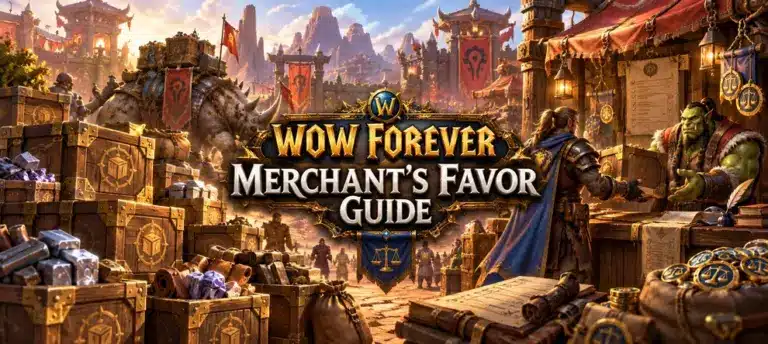 WoW Forever Merchant's Favor Farming Guide featuring Waylaid Crates, crafting materials, Pack Kodo, and a merchant turn-in at a fantasy trading outpost.