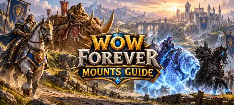 WoW Forever Mounts Guide preview art featuring iconic fantasy mounts including a warhorse, kodo, spectral bear, and undead horse