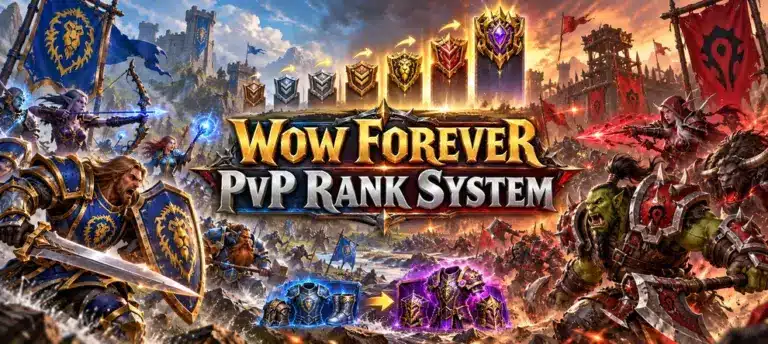 WoW Forever PvP Rank System preview art featuring Alliance and Horde armies, PvP rank progression badges, and gear upgrade rewards