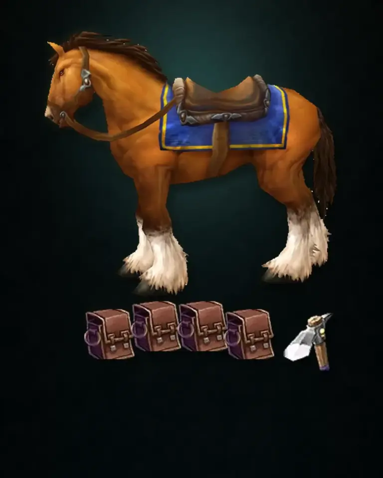 WoW Forever starter pack illustration with a brown riding horse, four bags and a mining pick.